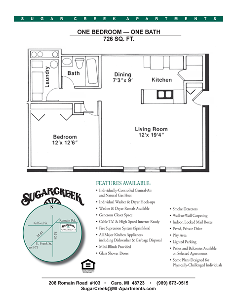 Floor plan for 1 bed, 1 bath, 726 sqft